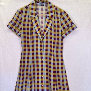 LHD Blue Plum Yellow Gingham Button Down Short Sleeve Silk Dress Size 4